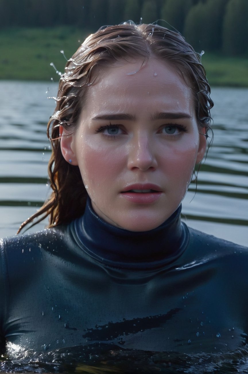 Elizabeth Lail, emerging from the water. Her head and shoulders are visible above the surface of water. She looks scared and sad, her dark blue turtleneck top wet and clinging to her, with water droplets sparkling around her. She is gasping for air. She is in the middle of a cold lake and splashes from her emergence, fully drenched, dripping wet, wet hair, face wet, face drenched