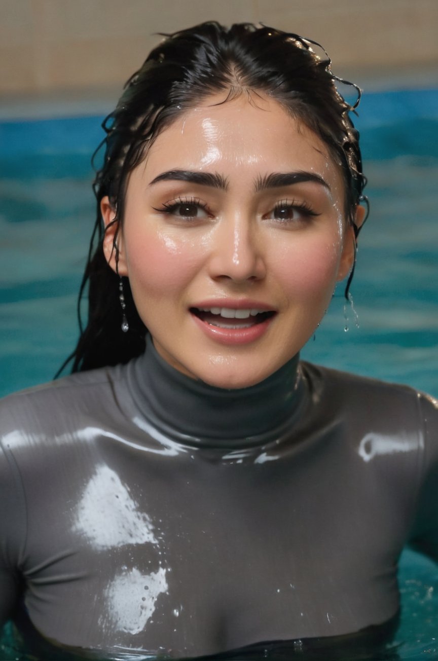 Daniella Pineda, emerging from the water. Her head and shoulders are visible above the surface of water. She looks surprised but laughing, her dark grey turtleneck top wet and clinging to her, with water droplets sparkling around her. She is in the middle of an indoor pool and splashes from her emergence, fully drenched, dripping wet, wet hair, face wet, face drenched