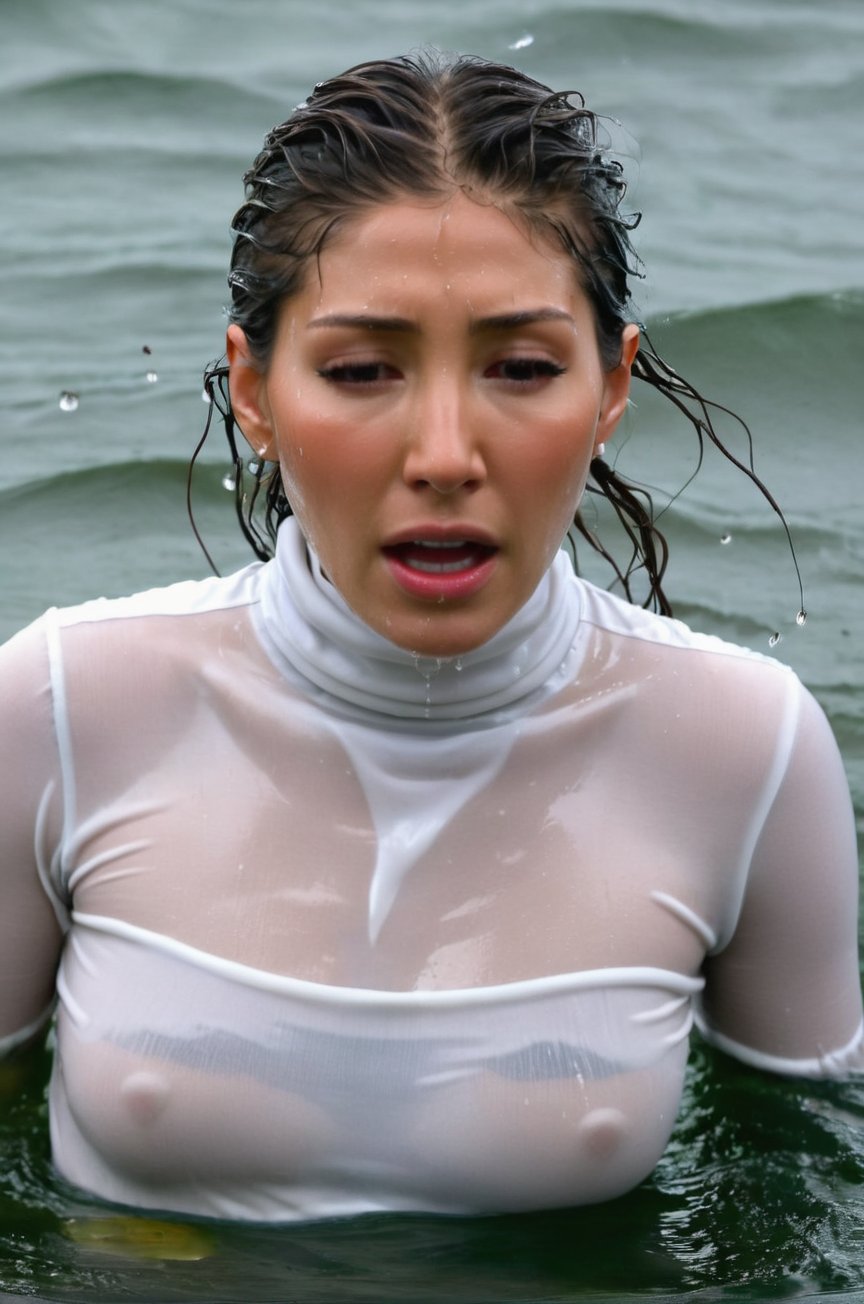 Dichen Lachman, emerging from the water. Her head and shoulders are visible above the surface of water. She looks panicked and disoriented, her white turtleneck top wet and clinging to her, with water droplets sparkling around her. She is screaming for help. She is in the middle of a cold ocean and splashes from her emergence, fully drenched, dripping wet, wet hair, face wet, face drenched, ultra detailed face. 