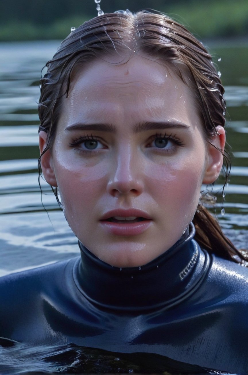 Elizabeth Lail, emerging from the water. Her head and shoulders are visible above the surface of water. She looks scared and sad, her dark blue turtleneck top wet and clinging to her, with water droplets sparkling around her. She is gasping for air. She is in the middle of a cold lake and splashes from her emergence, fully drenched, dripping wet, wet hair, face wet, face drenched