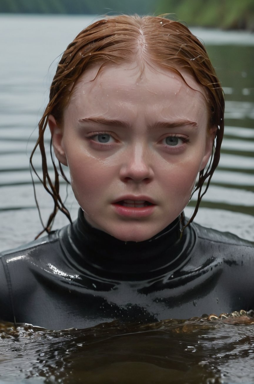 Sadie Sink, emerging from the water. Her head and shoulders are visible above the surface of water. She looks scared and sad, her dark grey turtleneck top wet and clinging to her, with water droplets sparkling around her. She is gasping for air. She is screaming for help. She is in the middle of an underground river and splashes from her emergence, fully drenched, dripping wet, wet hair, face wet, face drenched