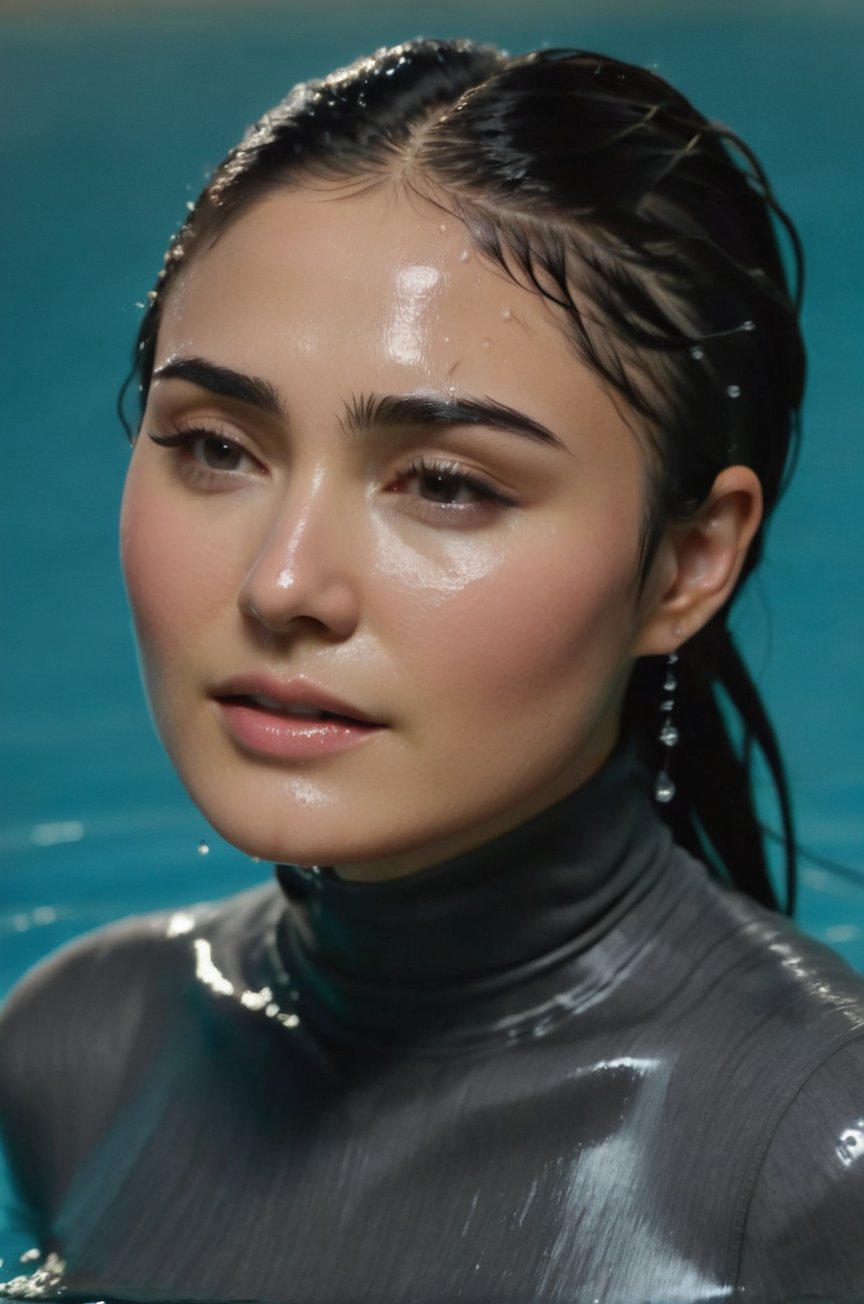 Daniella Pineda, emerging from the water. Her head and shoulders are visible above the surface of water. She looks relaxed, her dark grey turtleneck top wet and clinging to her, with water droplets sparkling around her. She is in the middle of an indoor pool and splashes from her emergence, fully drenched, dripping wet, wet hair, face wet, face drenched