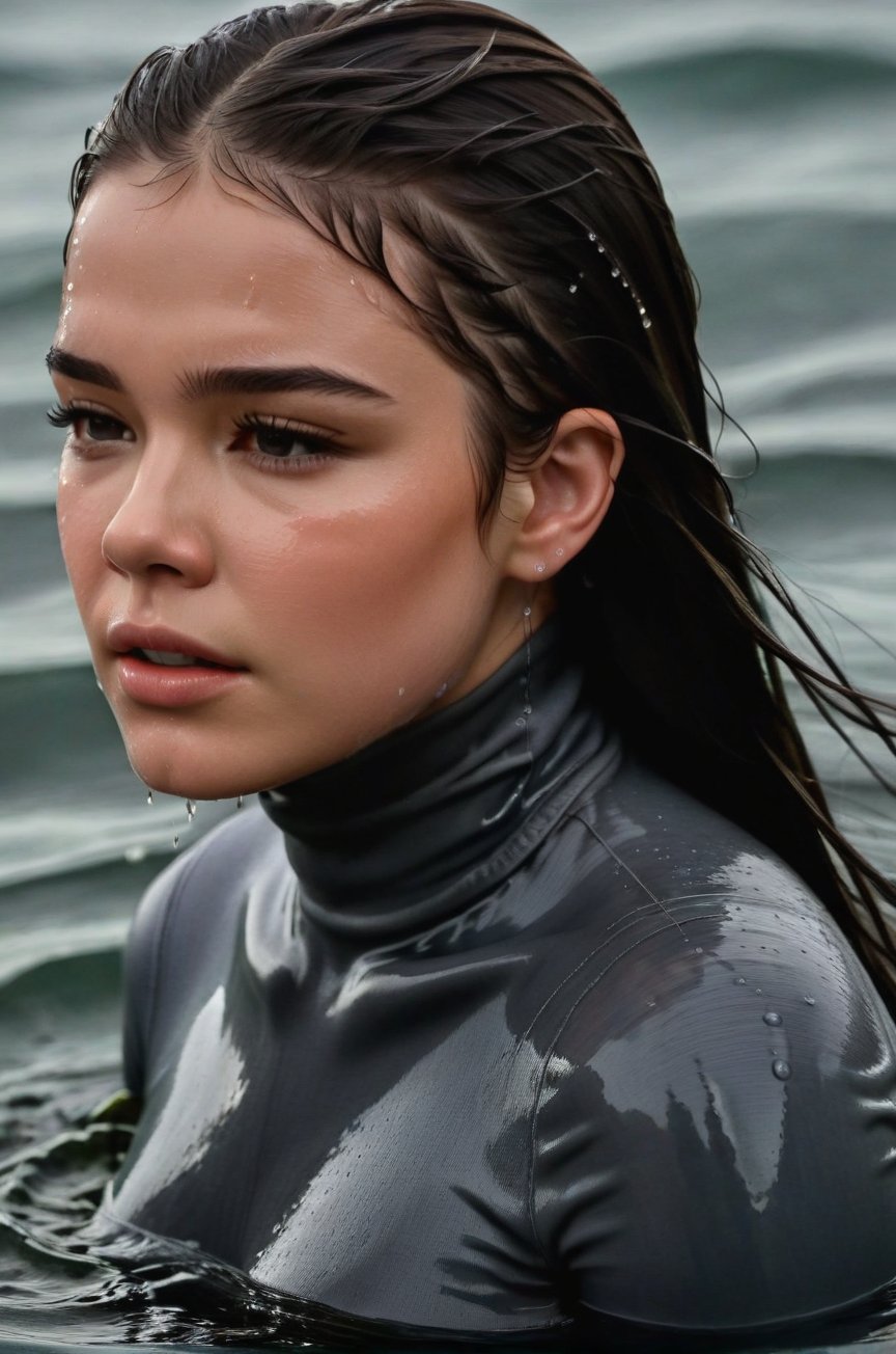 Hailee Steinfeld, emerging from the water. Her head and shoulders are visible above the surface of water. She looks scared and sad, her dark grey turtleneck top wet and clinging to her, with water droplets sparkling around her. She is gasping for air. She is in the middle of a cold ocean and splashes from her emergence, fully drenched, dripping wet, wet hair, face wet, face drenched