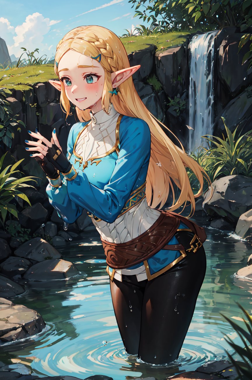 aazelda, very long hair, pointy ears, blue shirt, long sleeves, fingerless gloves, black gloves, black pants, tight pants, completely soaked wet, soakingwetclothes, dripping wet, wet hair, embarrassed facial expression, blue nails, swimming, looking at the camera, embarassed smile, blushing, playing with hair