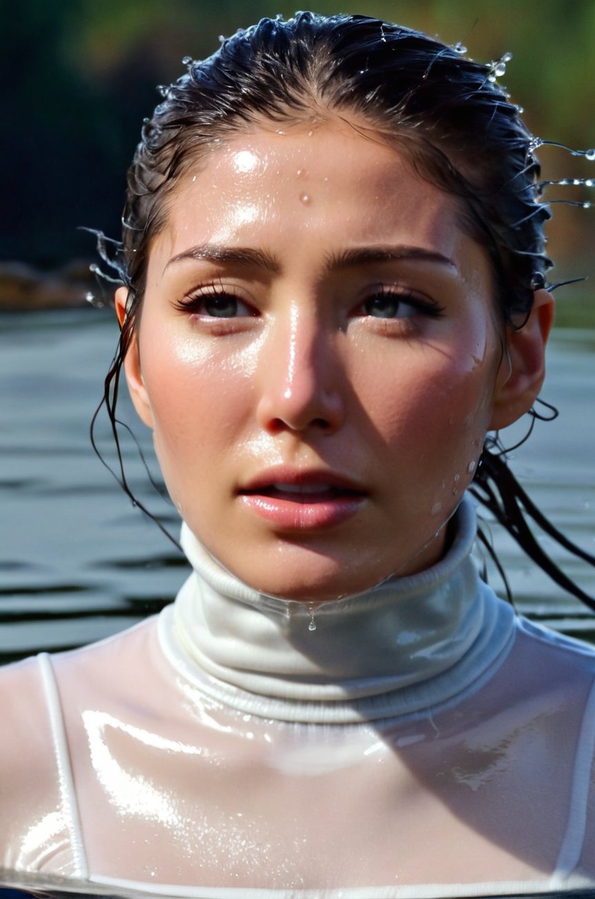 Dichen Lachman, emerging from the water. Her head and shoulders are visible above the surface of water. She looks panicked and confused, her white turtleneck top wet and clinging to her, with water droplets sparkling around her. She is calling for help. She is in the middle of a cold ocean and splashes from her emergence, fully drenched, dripping wet, wet hair, face wet, face drenched, ultra detailed face. 