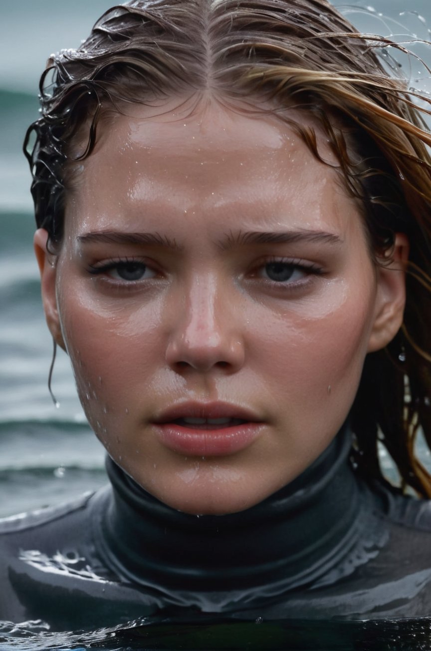 Léa Seydoux, emerging from the water. Her head and shoulders are visible above the surface of water. She looks scared and sad, her dark grey turtleneck top wet and clinging to her, with water droplets sparkling around her. She is in the middle of a cold ocean and splashes from her emergence, fully drenched, dripping wet, wet hair, face wet, face drenched