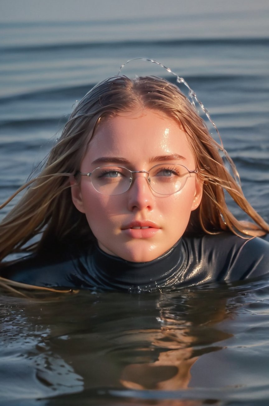 A young woman, 18 years old, a smooth, oval face with soft features, fair skin, almond eyes, blue eyes, glasses on, blonde hair, super long hair, hair floating aroud her, perfect eyes, emerging from the water. Her head and shoulders are visible above the surface of water. She looks panicked and sad, her dark grey turtleneck top wet and clinging to her, with water droplets sparkling around her. She is gasping for air. She is in the middle of a cold ocean and splashes from her emergence,fully drenched, dripping wet, wet hair, face wet, face drenched