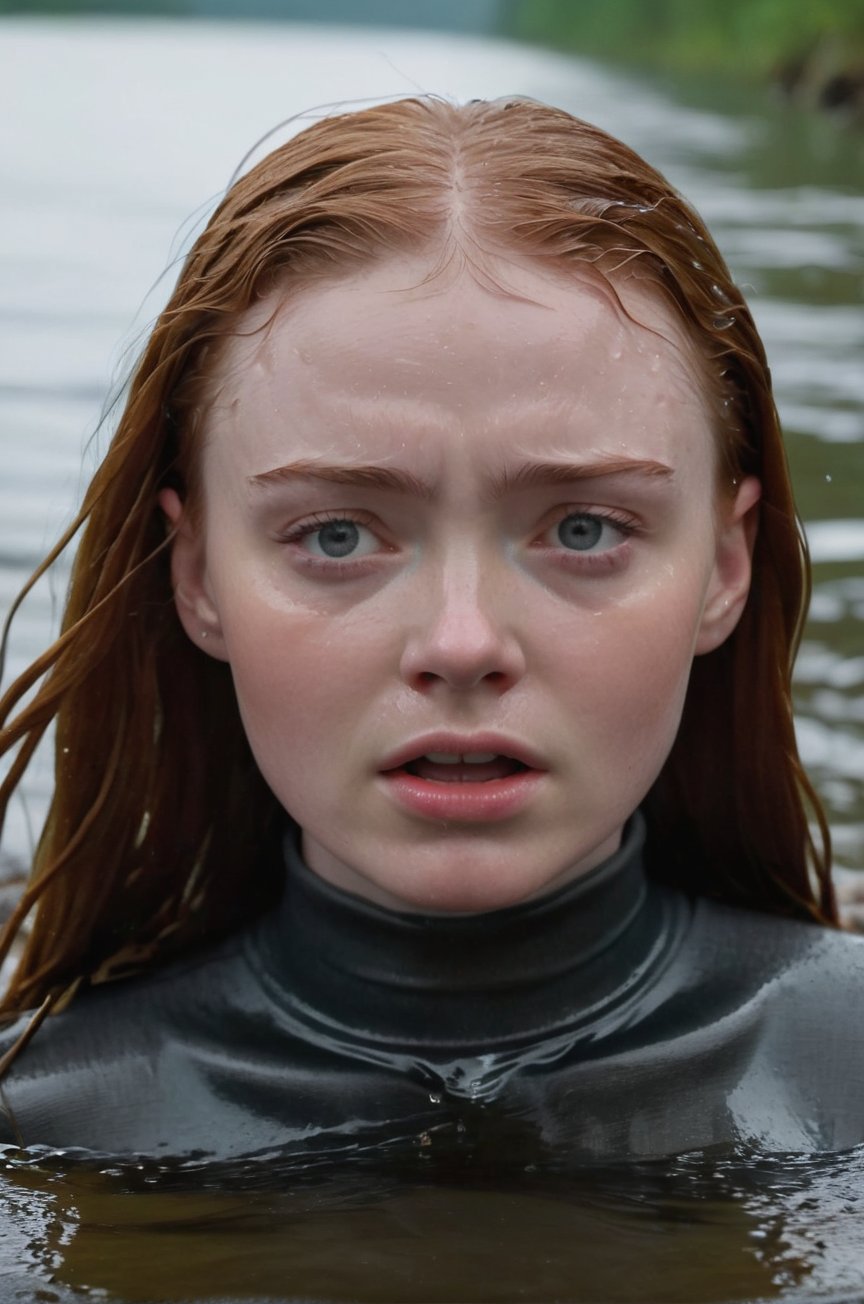 Sadie Sink, emerging from the water. Her head and shoulders are visible above the surface of water. She looks scared and sad, her dark grey turtleneck top wet and clinging to her, with water droplets sparkling around her. She is gasping for air. She is screaming for help. She is in the middle of an underground river and splashes from her emergence, fully drenched, dripping wet, wet hair, face wet, face drenched