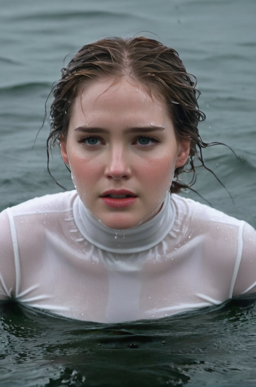 Elizabeth Lail, emerging from the water. Her head and shoulders are visible above the surface of water. She looks scared and sad, her white turtleneck top wet and clinging to her, with water droplets sparkling around her. She is in the middle of a cold ocean and splashes from her emergence, fully drenched, dripping wet, wet hair, face wet, face drenched