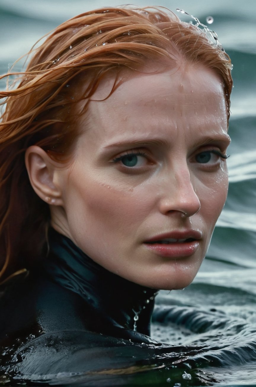 Jessica Chastain, emerging from the water. Her head and shoulders are visible above the surface of water. She looks scared and sad, her black turtleneck top wet and clinging to her, with water droplets sparkling around her. She is in the middle of a cold ocean and splashes from her emergence, fully drenched, dripping wet, wet hair, face wet, face drenched