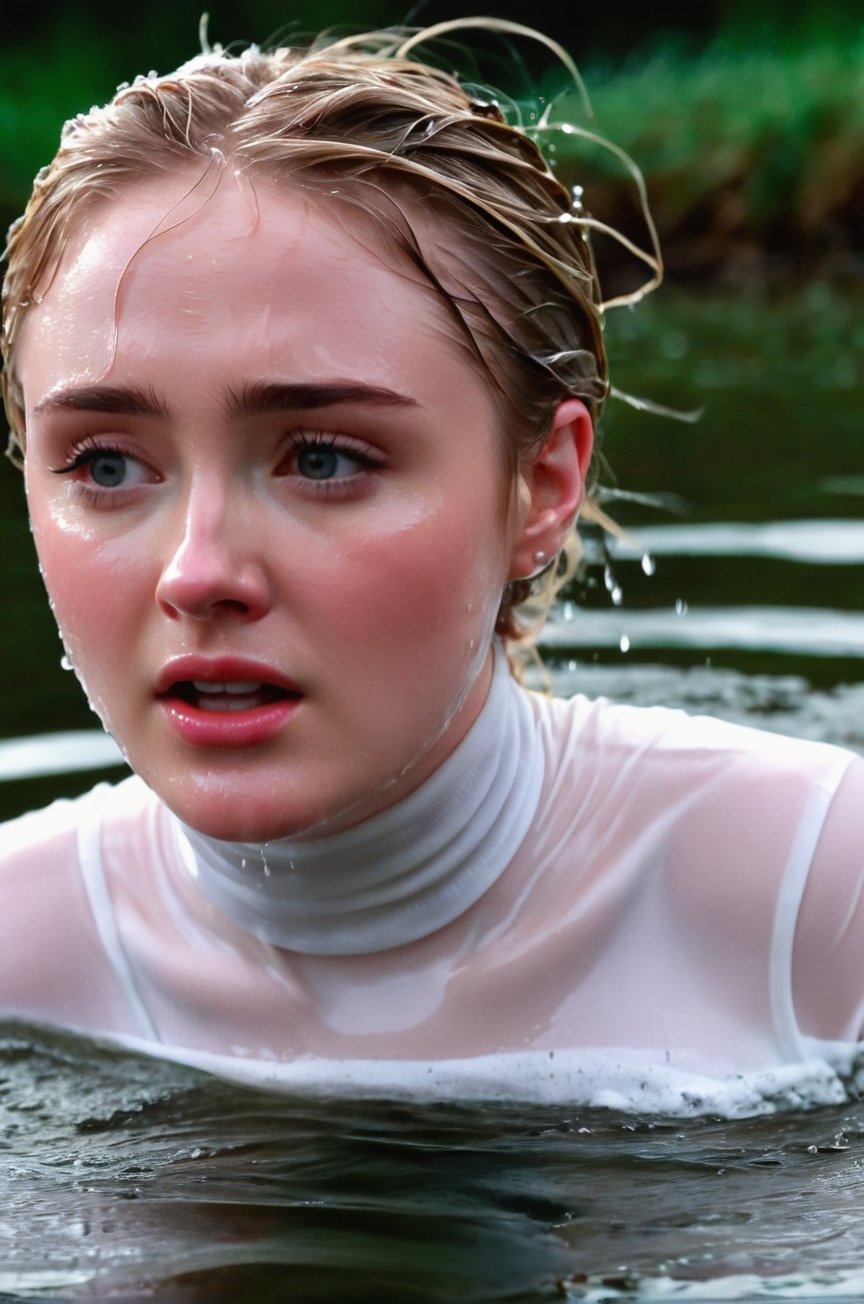 Kathryn Newton, emerging from the water. Her head and shoulders are visible above the surface of water. She looks scared and sad, her white turtleneck top wet and clinging to her, with water droplets sparkling around her. She is gasping for air. She is in the middle of a cold lake and splashes from her emergence, fully drenched, dripping wet, wet hair, face wet, face drenched