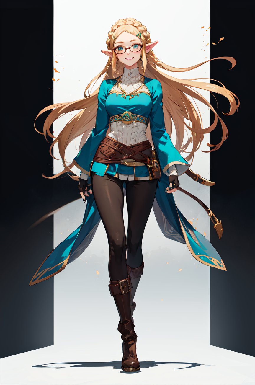 aazelda, super long hair, hair cascading to the thighs, square haircut, pointy ears, blue shirt, long sleeves, fingerless gloves, black gloves, black pants, tight pants, blue nails, looking at the camera smile, blushing, black clear-rimmed glasses, high boots, full body picture 