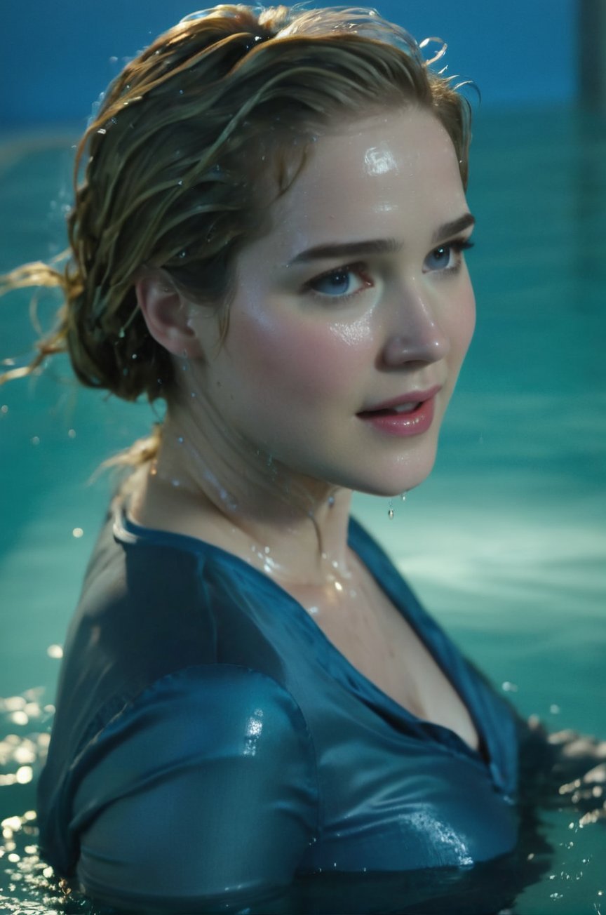 Elizabeth Lail, emerging from the water. Her head and shoulders are visible above the surface of water. She looks surprised but smiling, her blue satin shirt wet and clinging to her, with water droplets sparkling around her. She is in the middle of an indoor pool and splashes from her emergence, fully drenched, dripping wet, wet hair, face wet, face drenched