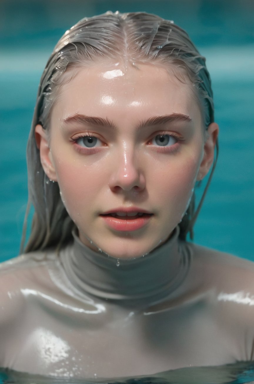 Hunter Schafer, emerging from the water. Her head and shoulders are visible above the surface of water. She looks surprised but smiling, her grey turtleneck top wet and clinging to her, with water droplets sparkling around her. She is in the middle of an indoor pool and splashes from her emergence, fully drenched, dripping wet, wet hair, face wet, face drenched