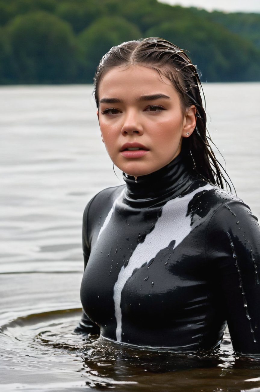 Hailee Steinfeld, emerging from the water. Her head and shoulders are visible above the surface of water. She looks scared and sad, her dark grey turtleneck top wet and clinging to her, with water droplets sparkling around her. She is gasping for air. She is in the middle of the Hudson River and splashes from her emergence, fully drenched, dripping wet, wet hair, face wet, face drenched