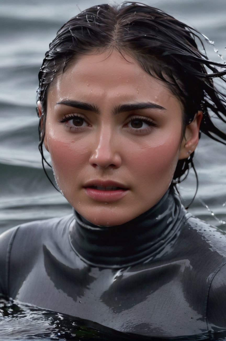 Daniella Pineda, emerging from the water. Her head and shoulders are visible above the surface of water. She looks scared and exhausted, her dark grey turtleneck top wet and clinging to her, with water droplets sparkling around her. She is in the middle of a cold ocean and splashes from her emergence, fully drenched, dripping wet, wet hair, face wet, face drenched