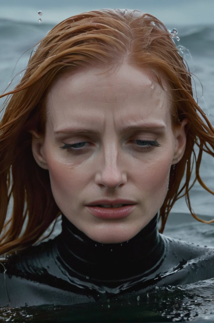 Jessica Chastain, emerging from the water. Her head and shoulders are visible above the surface of water. She looks scared and sad, her black turtleneck top wet and clinging to her, with water droplets sparkling around her. She is in the middle of a cold ocean and splashes from her emergence, fully drenched, dripping wet, wet hair, face wet, face drenched