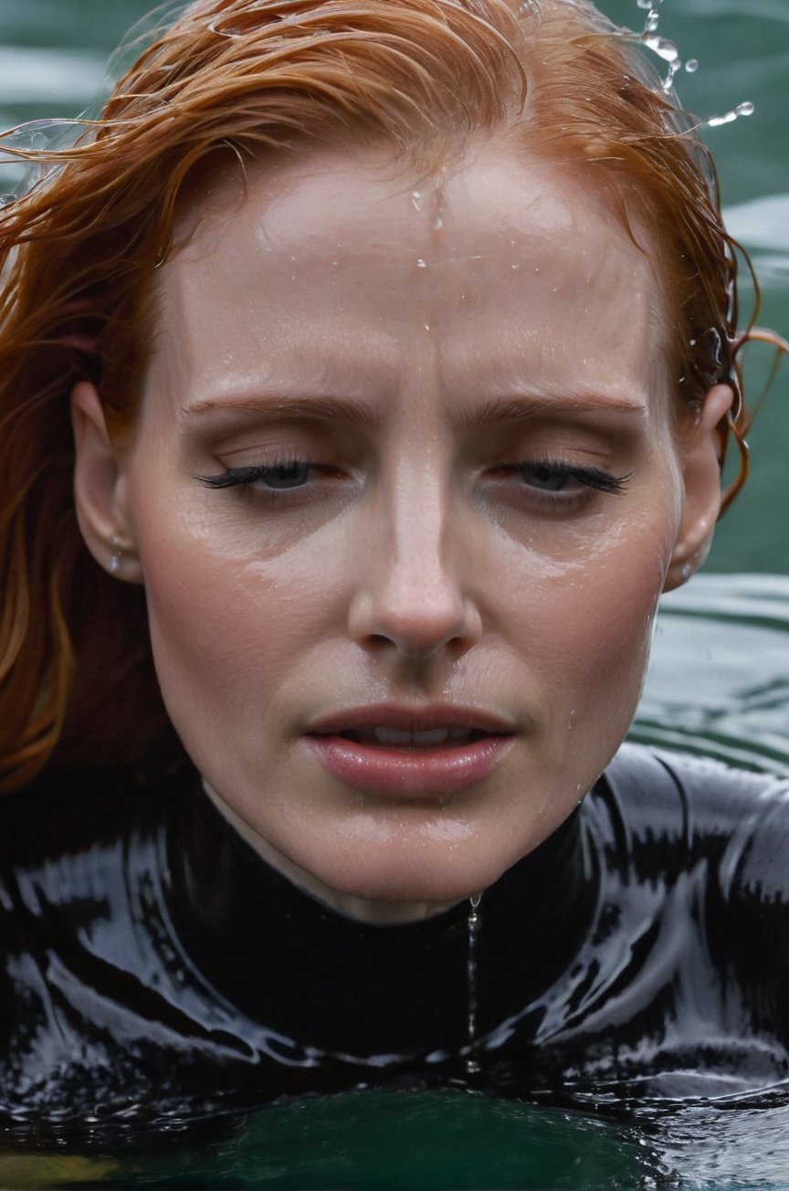 Jessica Chastain, emerging from the water. Her head and shoulders are visible above the surface of water. She looks scared and sad, her black turtleneck top wet and clinging to her, with water droplets sparkling around her. She is gasping for air. She is in the middle of a cold ocean and splashes from her emergence, fully drenched, dripping wet, wet hair, face wet, face drenched