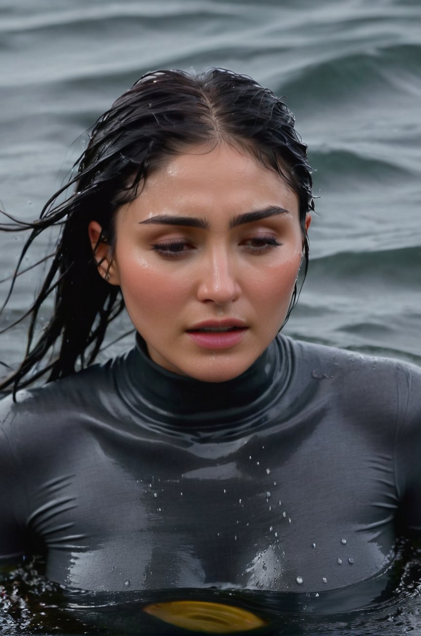 Daniella Pineda, emerging from the water. Her head and shoulders are visible above the surface of water. She looks scared and exhausted, her dark grey turtleneck top wet and clinging to her, with water droplets sparkling around her. She is in the middle of a cold ocean and splashes from her emergence, fully drenched, dripping wet, wet hair, face wet, face drenched