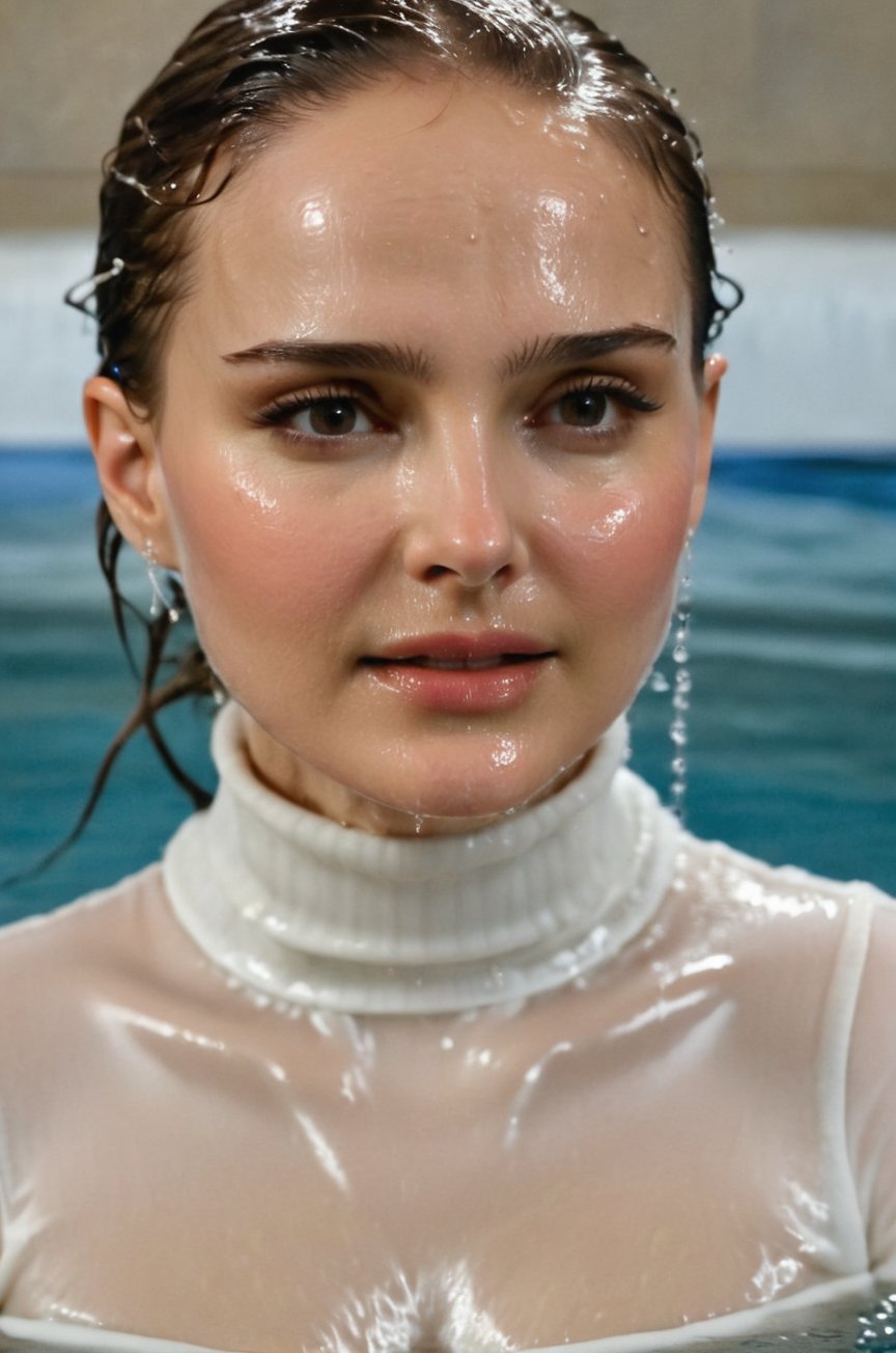 Natalie Portman, emerging from the water. Her head and shoulders are visible above the surface of water. She looks relaxed, her white turtleneck top wet and clinging to her, with water droplets sparkling around her. She is in the middle of an indoor pool and splashes from her emergence, fully drenched, dripping wet, wet hair, face wet, face drenched