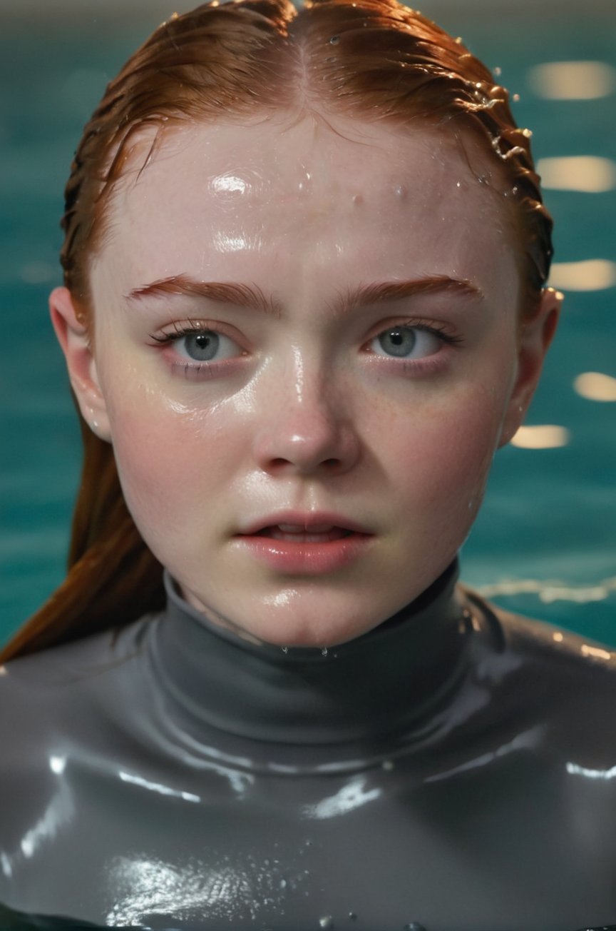 Sadie Sink, emerging from the water. Her head and shoulders are visible above the surface of water. She looks surprised but enjoyed, her dark grey turtleneck top wet and clinging to her, with water droplets sparkling around her. She is in the middle of an indoor pool and splashes from her emergence, fully drenched, dripping wet, wet hair, face wet, face drenched