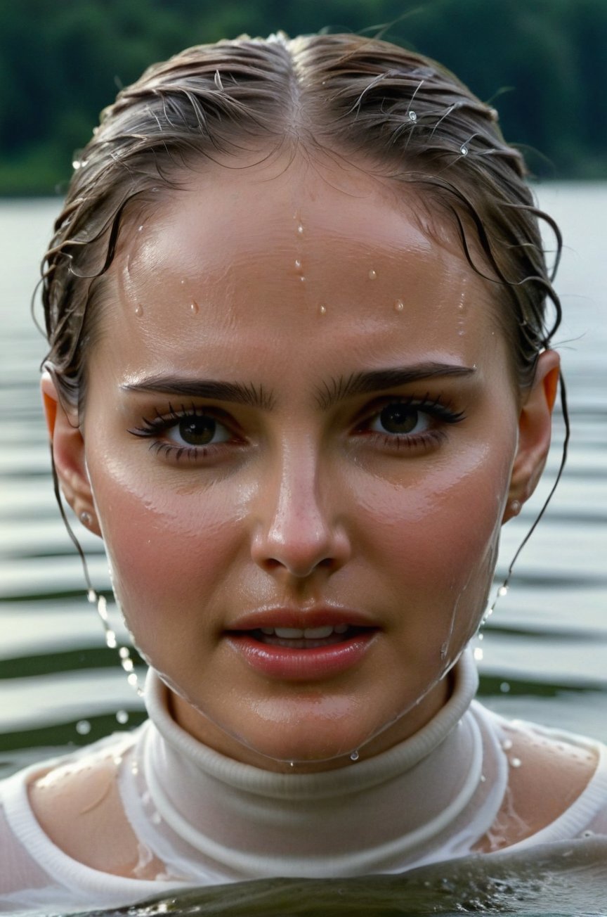 Natalie Portman, emerging from the water. Her head and shoulders are visible above the surface of water. She looks scared and sad, her white turtleneck top wet and clinging to her, with water droplets sparkling around her. She is gasping for air. She is screaming for help. She is in the middle of a city river and splashes from her emergence, fully drenched, dripping wet, wet hair, face wet, face drenched