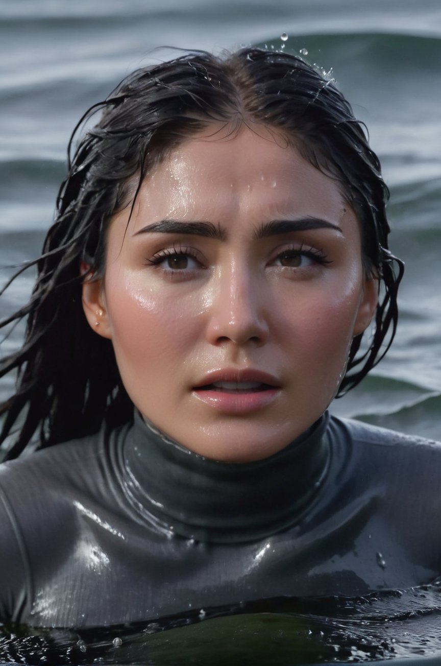 Daniella Pineda, emerging from the water. Her head and shoulders are visible above the surface of water. She looks scared and exhausted, her dark grey turtleneck top wet and clinging to her, with water droplets sparkling around her. She is in the middle of a cold ocean and splashes from her emergence, fully drenched, dripping wet, wet hair, face wet, face drenched