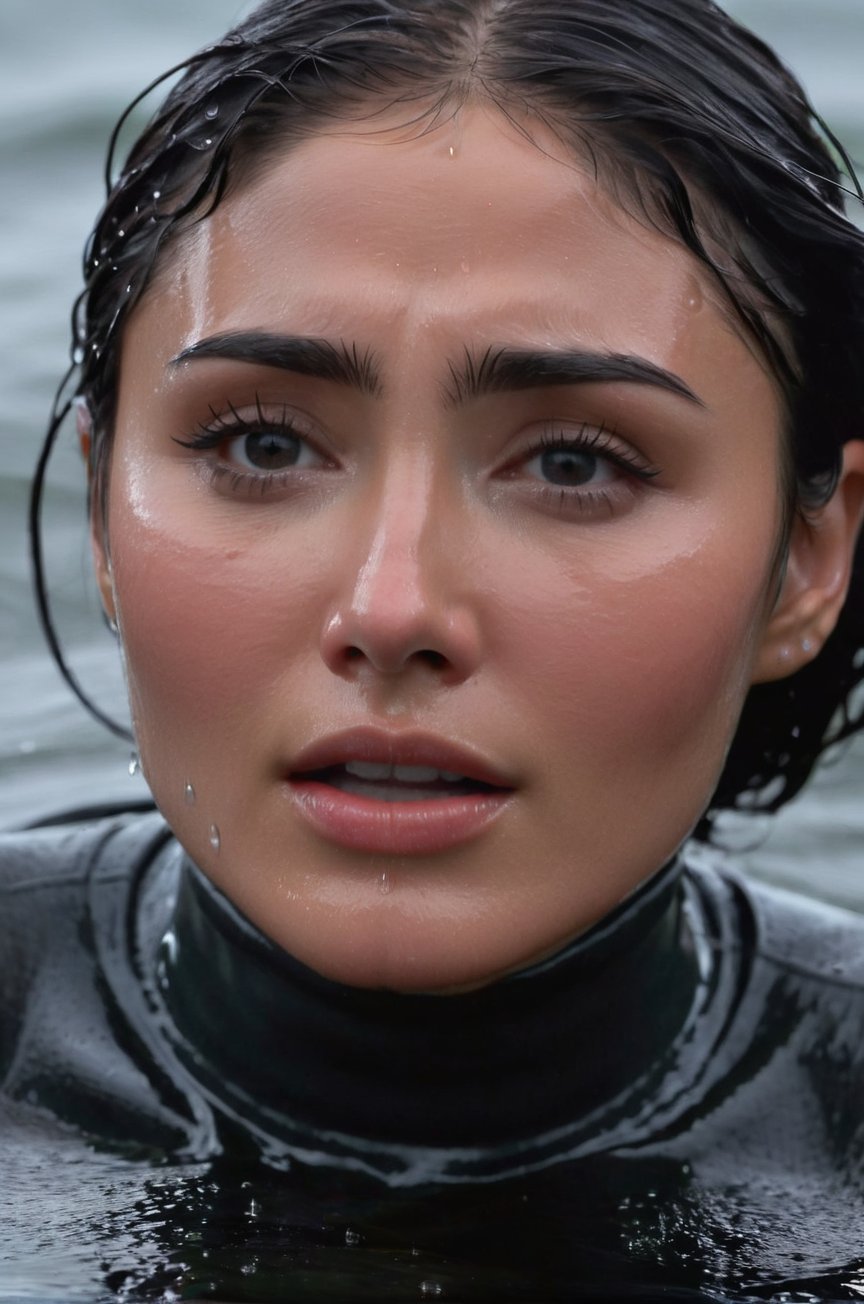 Daniella Pineda, emerging from the water. Her head and shoulders are visible above the surface of water. She looks scared and sad, her dark grey turtleneck top wet and clinging to her, with water droplets sparkling around her. She is gasping for air. She is in the middle of a cold ocean and splashes from her emergence, fully drenched, dripping wet, wet hair, face wet, face drenched