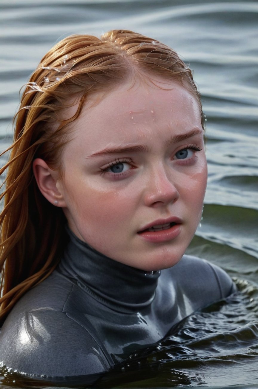 Sadie Sink, emerging from the water. Her head and shoulders are visible above the surface of water. She looks scared and sad, her dark grey turtleneck top wet and clinging to her, with water droplets sparkling around her. She is gasping for air. Her blonde hair is wet and clinging to her face. She is in the middle of a cold ocean and splashes from her emergence, fully drenched, dripping wet, face wet, face drenched