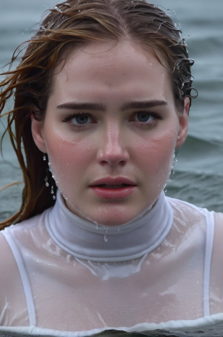 Elizabeth Lail, emerging from the water. Her head and shoulders are visible above the surface of water. She looks scared and sad, her white turtleneck top wet and clinging to her, with water droplets sparkling around her. She is in the middle of a cold ocean and splashes from her emergence, fully drenched, dripping wet, wet hair, face wet, face drenched