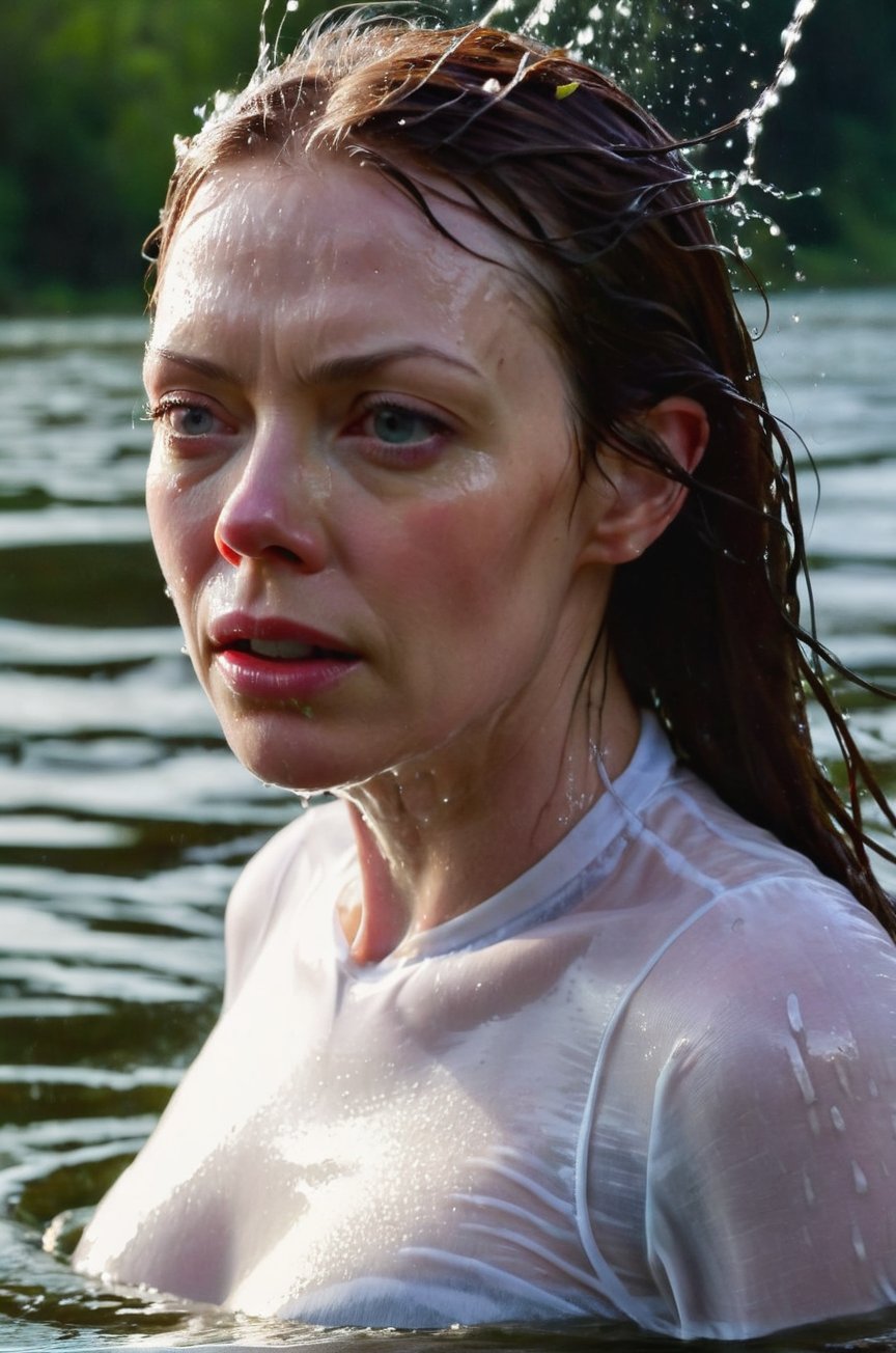 Riki Lindhome, emerging from the water. Her head and shoulders are visible above the surface of water. She looks scared and hopeless, her white shirt wet and clinging to her, with water droplets sparkling around her. She is gasping for air. She is in the middle of a cold river and splashes from her emergence, fully drenched, dripping wet, wet hair, face wet, face drenched