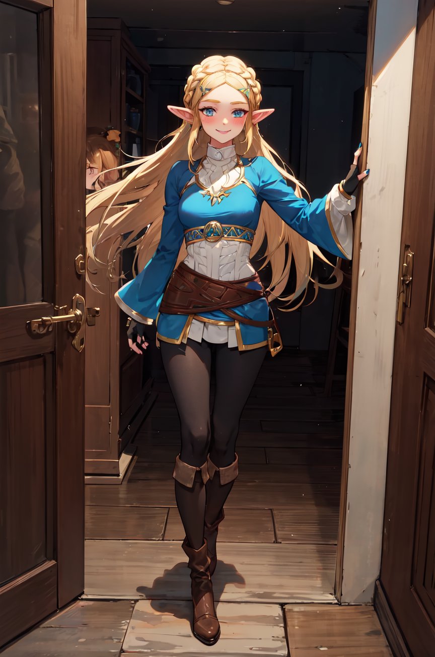 aazelda, super long hair, hair cascading to the waist, pointy ears, blue shirt, long sleeves, fingerless gloves, black gloves, black pants, tight pants, blue nails, looking at the camera smile, blushing, mid-calf boots, full body picture 