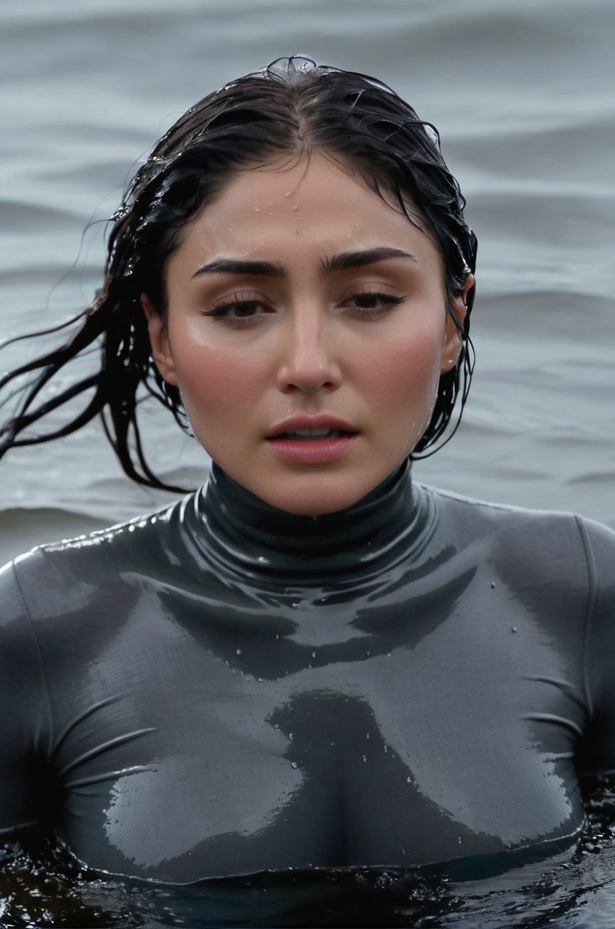 Daniella Pineda, emerging from the water. Her head and shoulders are visible above the surface of water. She looks scared and exhausted, her dark grey turtleneck top wet and clinging to her, with water droplets sparkling around her. She spits water. She is in the middle of a cold ocean and splashes from her emergence, fully drenched, dripping wet, wet hair, face wet, face drenched