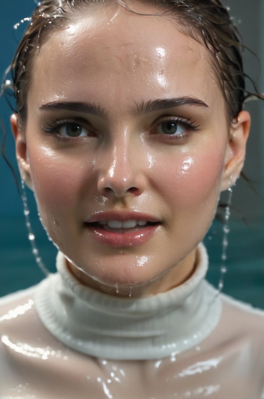 Natalie Portman, emerging from the water. Her head and shoulders are visible above the surface of water. She looks surprised but smiling, her white turtleneck top wet and clinging to her, with water droplets sparkling around her. She is in the middle of an indoor pool and splashes from her emergence, fully drenched, dripping wet, wet hair, face wet, face drenched