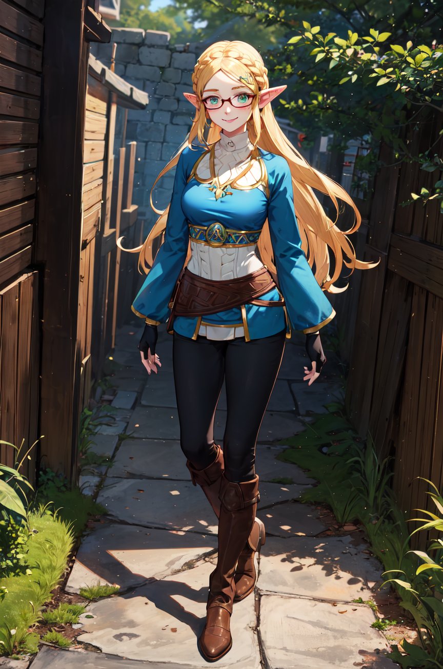 aazelda, super long hair, hair cascading to the waist, pointy ears, blue shirt, long sleeves, fingerless gloves, black gloves, black pants, tight pants, blue nails, looking at the camera smile, blushing, black clear-rimmed glasses, mid-calf boots, full body picture 