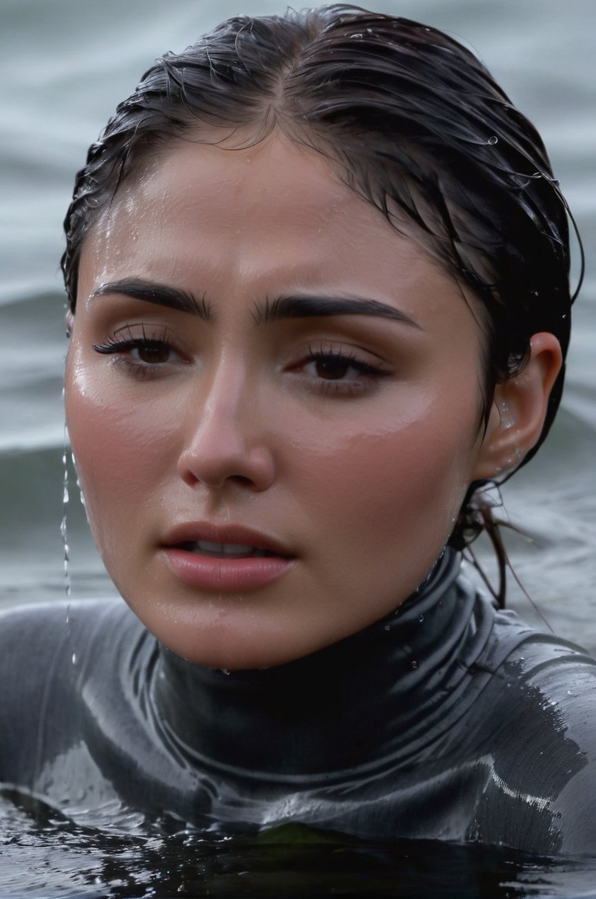 Daniella Pineda, emerging from the water. Her head and shoulders are visible above the surface of water. She looks scared and sad, her dark grey turtleneck top wet and clinging to her, with water droplets sparkling around her. She is gasping for air. She is in the middle of a cold ocean and splashes from her emergence, fully drenched, dripping wet, wet hair, face wet, face drenched