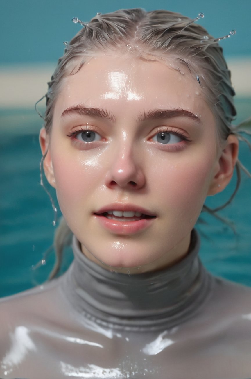 Hunter Schafer, emerging from the water. Her head and shoulders are visible above the surface of water. She looks surprised but smiling, her grey turtleneck top wet and clinging to her, with water droplets sparkling around her. She is in the middle of an indoor pool and splashes from her emergence, fully drenched, dripping wet, wet hair, face wet, face drenched