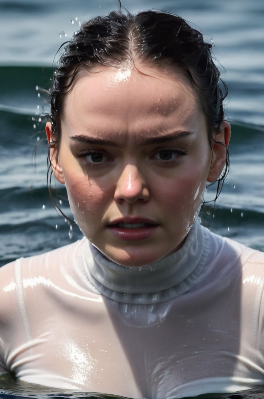 Daisy Ridley, emerging from the water. Her head and shoulders are visible above the surface of water. She looks scared and sad, her white turtleneck top wet and clinging to her, with water droplets sparkling around her. She is in the middle of a cold ocean and splashes from her emergence. 