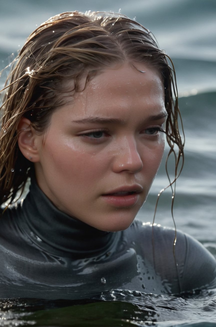 Léa Seydoux, emerging from the water. Her head and shoulders are visible above the surface of water. She looks scared and sad, her dark grey turtleneck top wet and clinging to her, with water droplets sparkling around her. She is in the middle of a cold ocean and splashes from her emergence, fully drenched, dripping wet, wet hair, face wet, face drenched