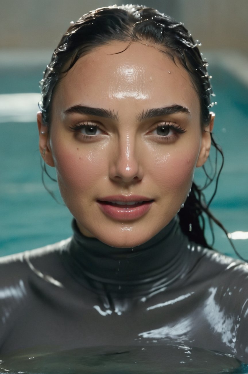 Gal Gadot, emerging from the water. Her head and shoulders are visible above the surface of water. She looks surprised but smiling, her dark grey turtleneck top wet and clinging to her, with water droplets sparkling around her. She is in the middle of an indoor pool and splashes from her emergence, fully drenched, dripping wet, wet hair, face wet, face drenched