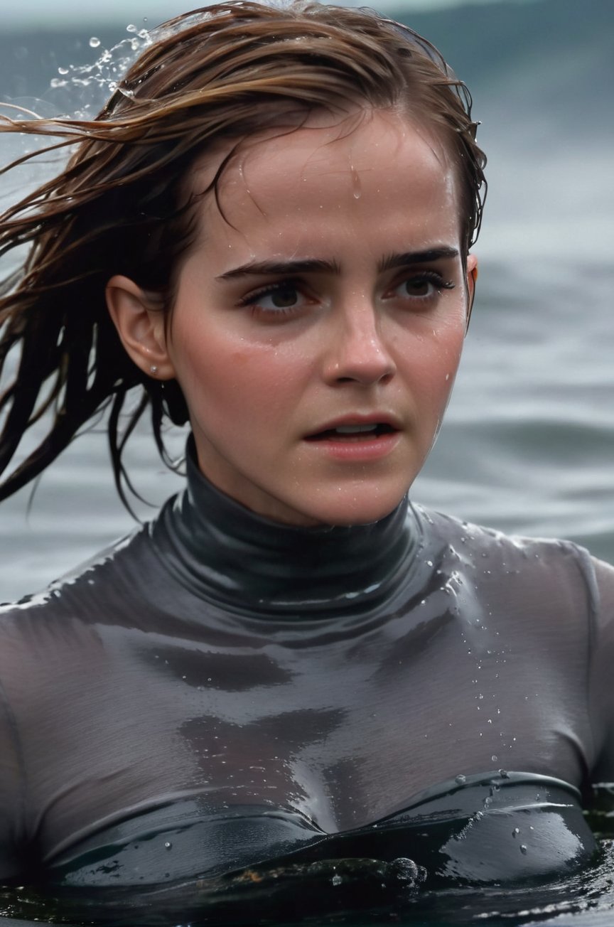 Emma Watson, emerging from the water. Her head and shoulders are visible above the surface of water. She looks scared and exhausted, her dark grey turtleneck top wet and clinging to her, with water droplets sparkling around her. She is in the middle of a cold ocean and splashes from her emergence, fully drenched, dripping wet, wet hair, face wet, face drenched, ultra detailed face. 