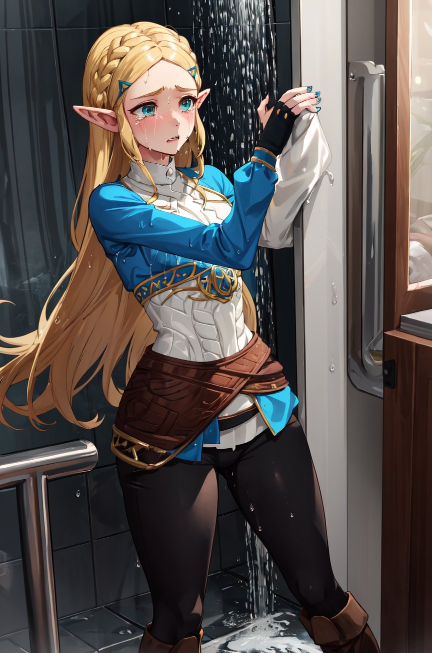 aazelda, super long hair, hair down to the thighs, square hair cut, pointy ears, blue shirt, long sleeves, fingerless gloves, black gloves, black pants, tight pants, completely soaked wet, soakingwetclothes, dripping wet, wet hair, sad facial expression, blue nail, crying, under shower, high boots 