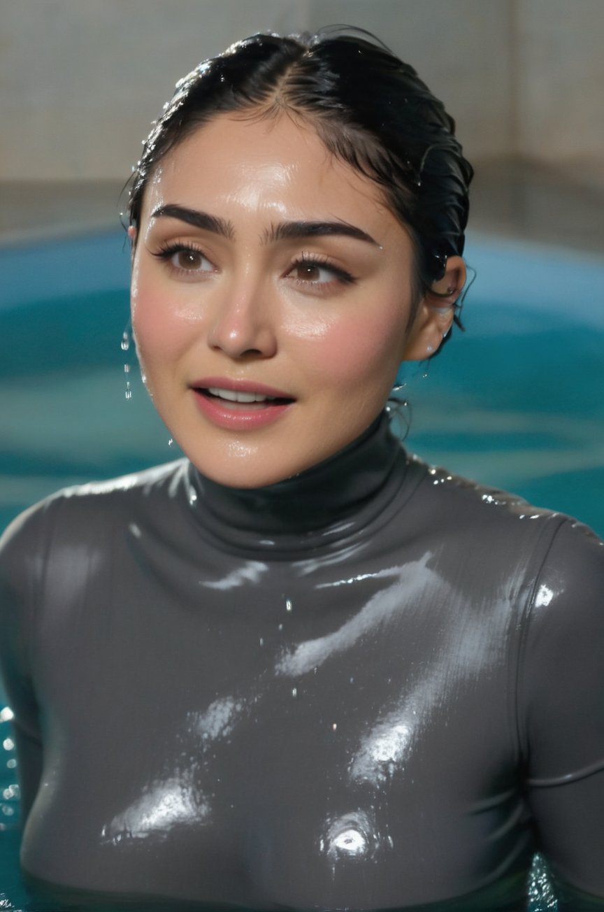 Daniella Pineda, emerging from the water. Her head and shoulders are visible above the surface of water. She looks surprised but smiling, her dark grey turtleneck top wet and clinging to her, with water droplets sparkling around her. She is in the middle of an indoor pool and splashes from her emergence, fully drenched, dripping wet, wet hair, face wet, face drenched