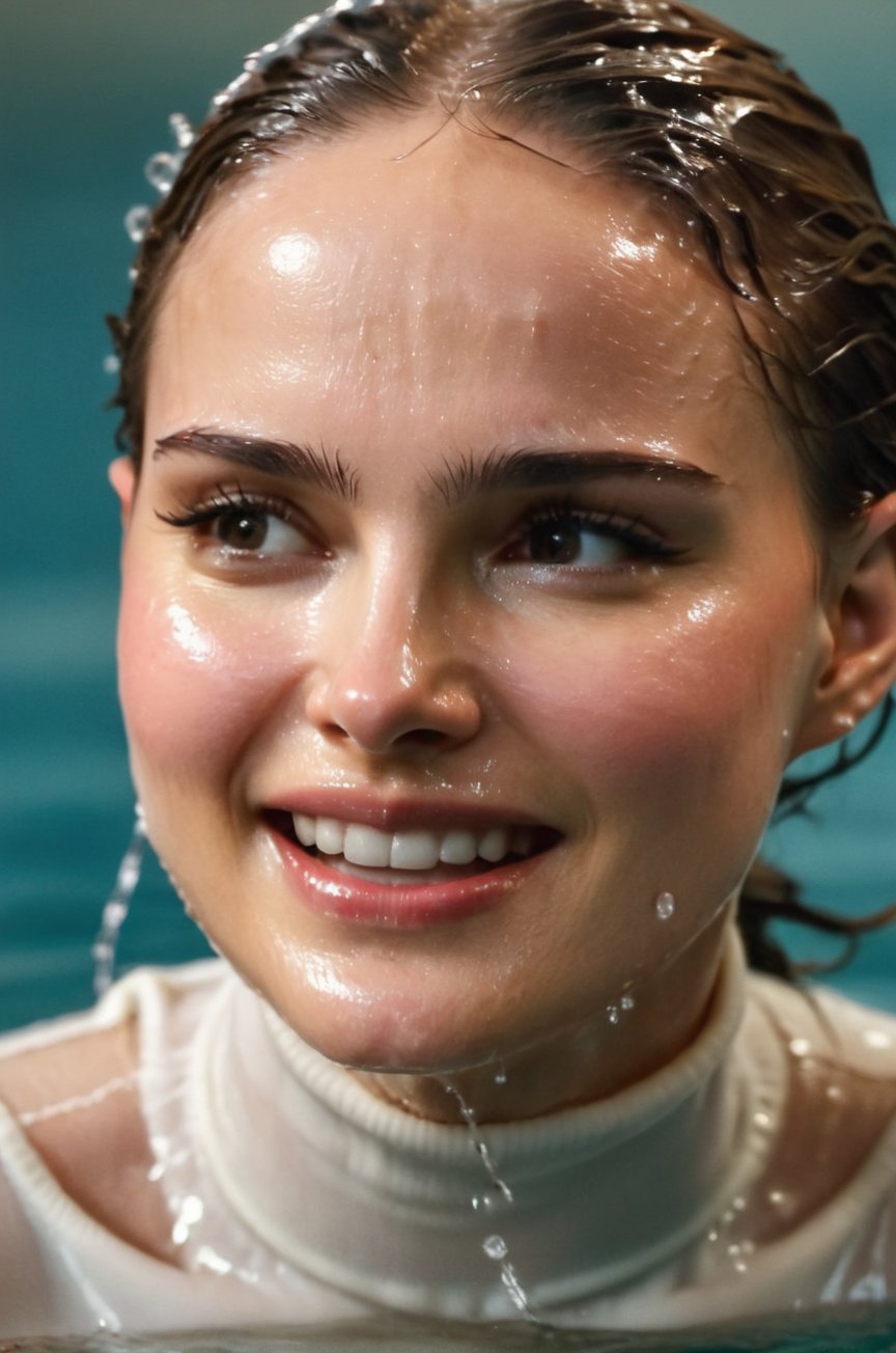 Natalie Portman, emerging from the water. Her head and shoulders are visible above the surface of water. She looks surprised but laughing, her white turtleneck top wet and clinging to her, with water droplets sparkling around her. She is in the middle of an indoor pool and splashes from her emergence, fully drenched, dripping wet, wet hair, face wet, face drenched