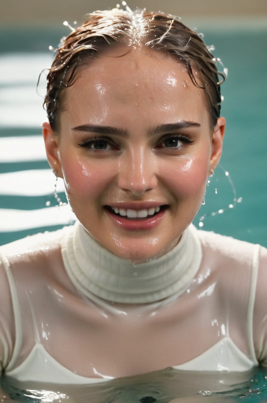 Natalie Portman, emerging from the water. Her head and shoulders are visible above the surface of water. She looks surprised but laughing, her white turtleneck top wet and clinging to her, with water droplets sparkling around her. She is in the middle of an indoor pool and splashes from her emergence, fully drenched, dripping wet, wet hair, face wet, face drenched