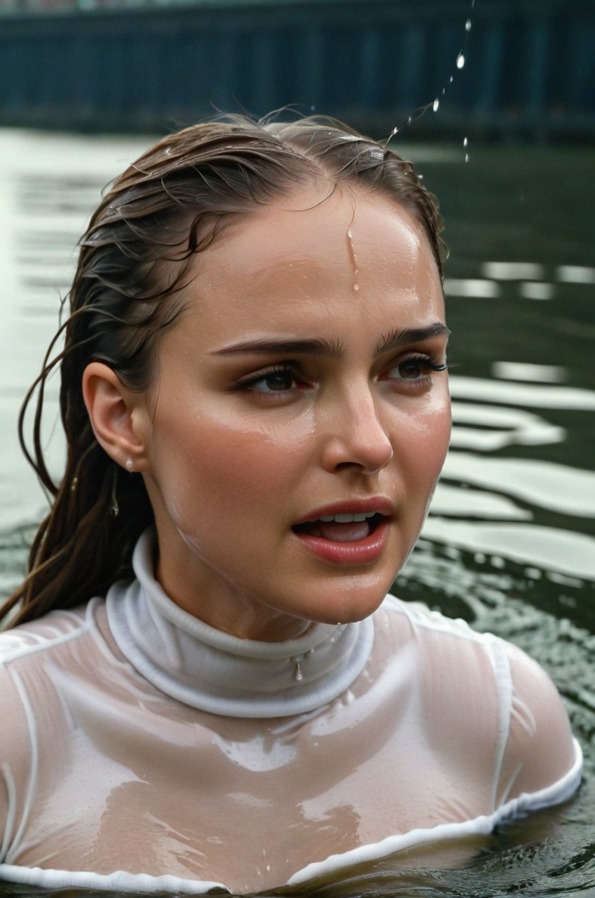 Natalie Portman, emerging from the water. Her head and shoulders are visible above the surface of water. She looks scared and sad, her white turtleneck top wet and clinging to her, with water droplets sparkling around her. She is gasping for air. She is screaming for help. She is in the middle of a city river and splashes from her emergence, fully drenched, dripping wet, wet hair, face wet, face drenched