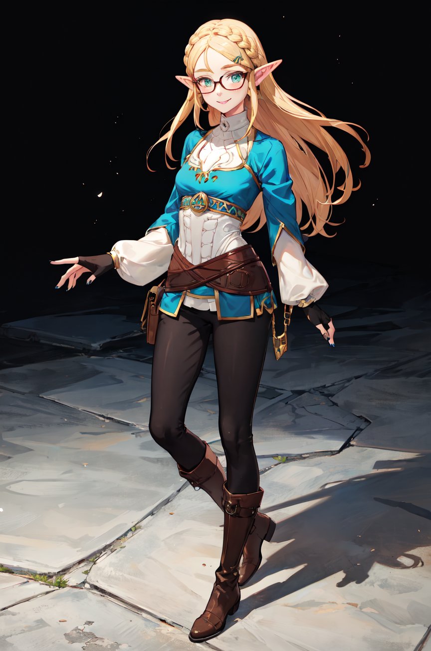 aazelda, super long hair, hair cascading to the thighs, square haircut, pointy ears, blue shirt, long sleeves, fingerless gloves, black gloves, black pants, tight pants, blue nails, looking at the camera smile, blushing, black clear-rimmed glasses, high boots, full body picture 