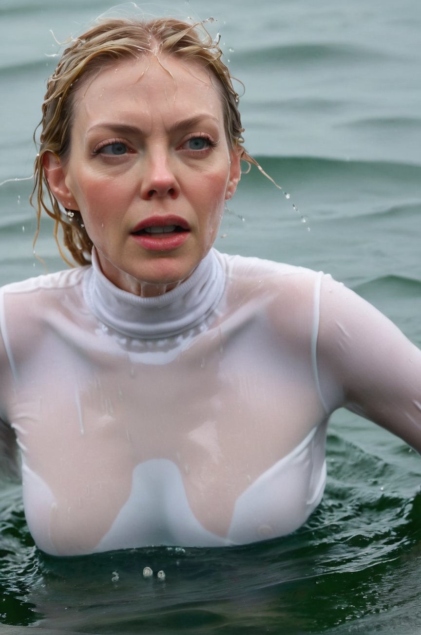 Riki Lindhome, emerging from the water. Her head and shoulders are visible above the surface of water. She looks scared and hopeless, her white turtleneck top wet and clinging to her, with water droplets sparkling around her. She is gasping for air. She is in the middle of a cold ocean and splashes from her emergence, fully drenched, dripping wet, wet hair, face wet, face drenched