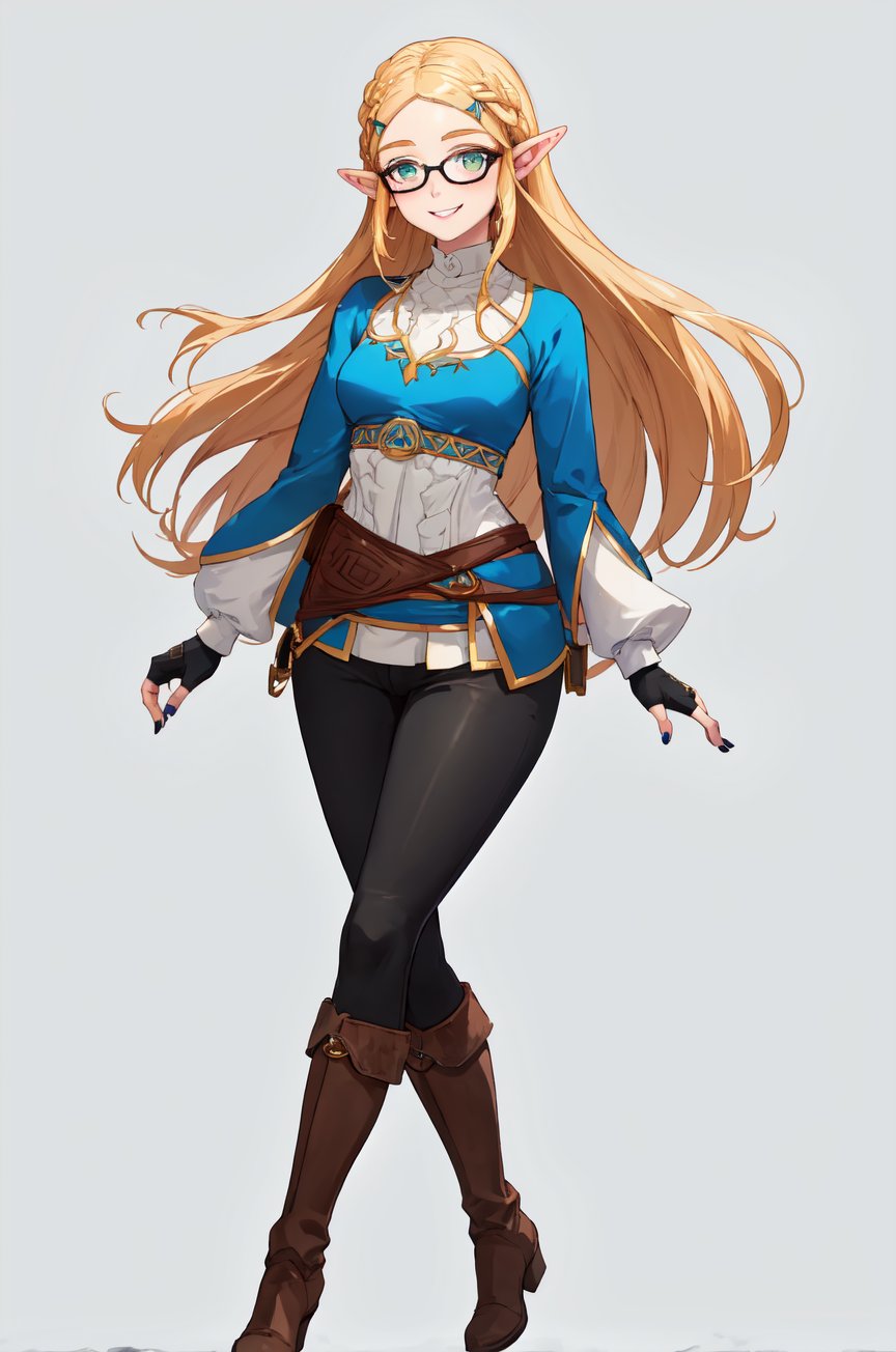 aazelda, super long hair, hair cascading to the waist, square haircut, pointy ears, blue shirt, long sleeves, fingerless gloves, black gloves, black pants, tight pants, blue nails, looking at the camera smile, blushing, black clear-rimmed glasses, high boots, full body picture 