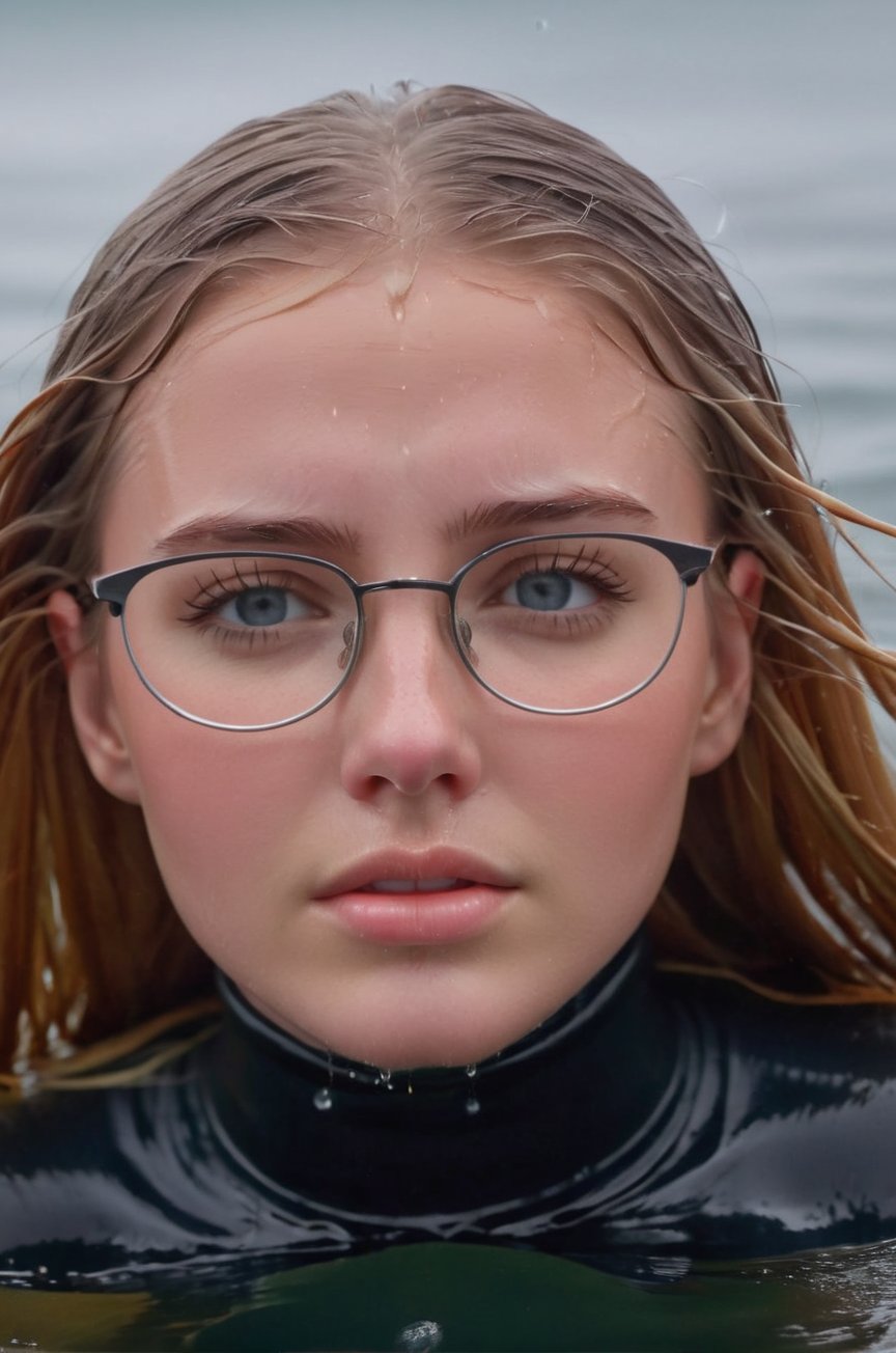 A young woman, 18 years old, a smooth, oval face with soft features, fair skin, almond eyes, blue eyes, glasses on, blonde hair, super long hair, hair floating aroud her, perfect eyes, emerging from the water. Her head and shoulders are visible above the surface of water. She looks panicked and sad, her dark grey turtleneck top wet and clinging to her, with water droplets sparkling around her. She is gasping for air. She is in the middle of a cold ocean and splashes from her emergence,fully drenched, dripping wet, wet hair, face wet, face drenched